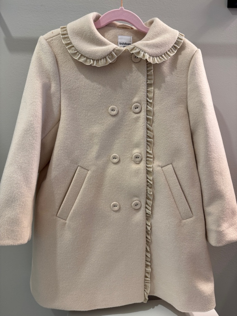 Girls' Cream Ruffle-Trim Double-Breasted Pea Coat